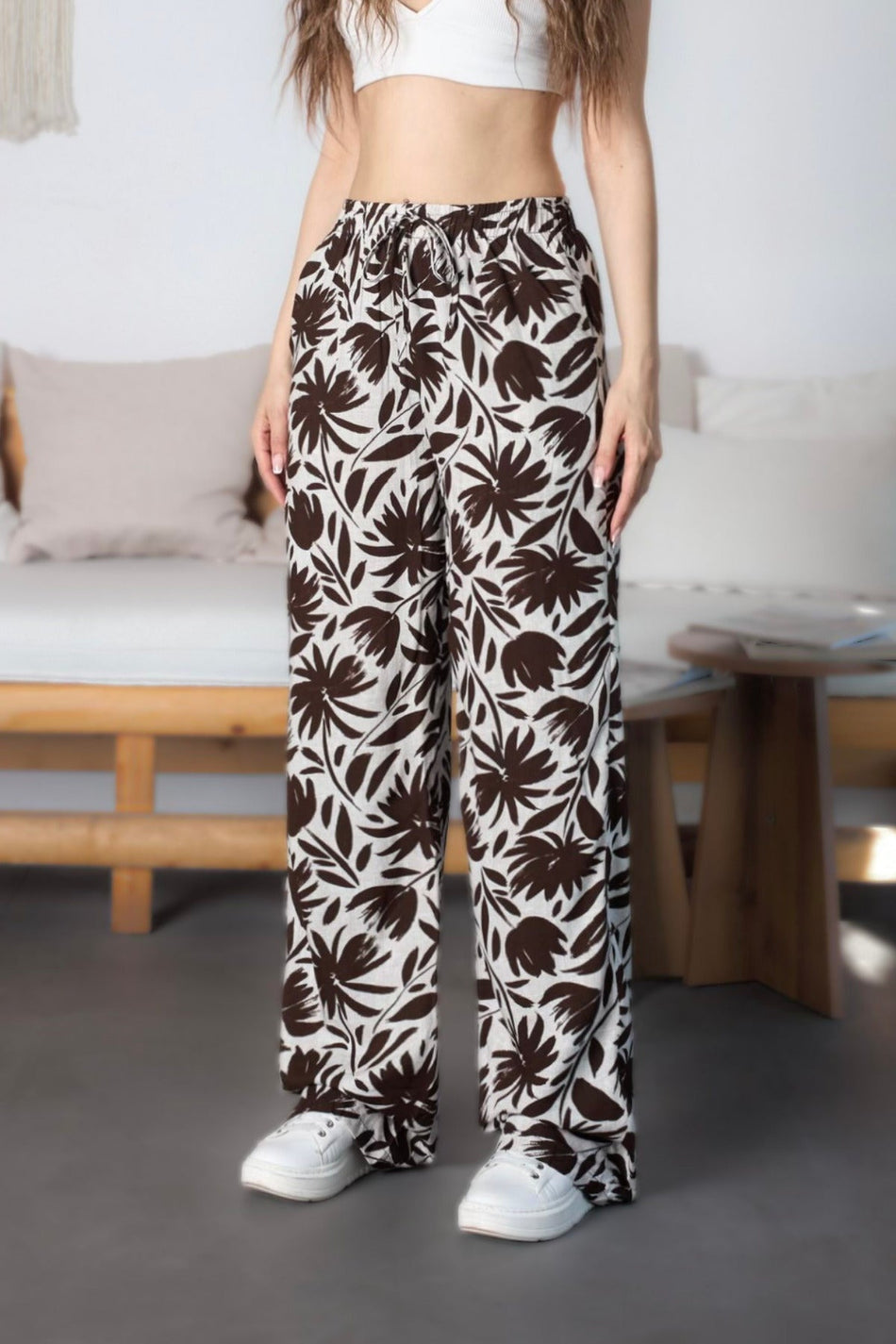 Women's Floral Pattern High Waist Viscose Fabric Pants with Elastic Waistband Brown - MALLTURK