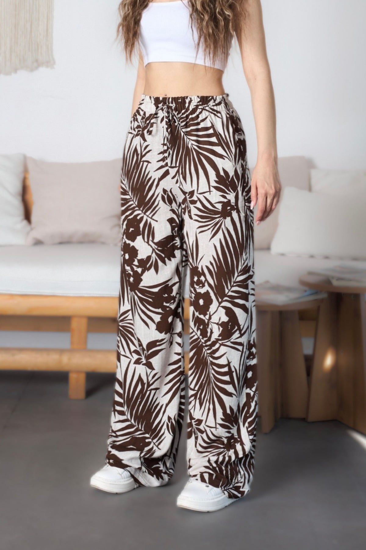Women's Floral Pattern High Waist Viscose Fabric Pants with Elastic Waistband, Light Brown - MALLTURK