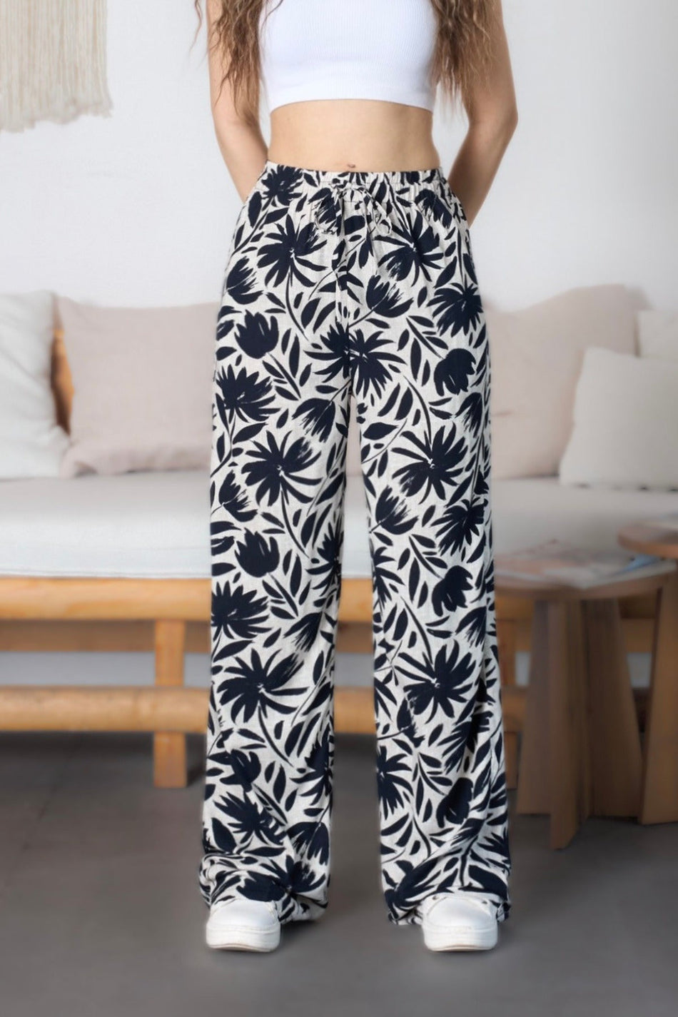 Women's Floral Pattern High Waist Viscose Fabric Pants with Elastic Waistband, Navy Blue - MALLTURK