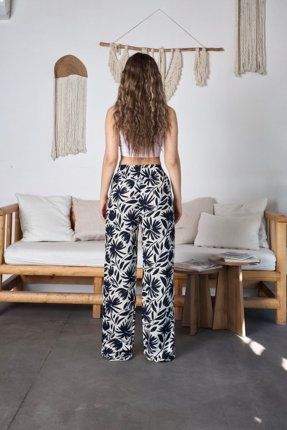 Women's Floral Pattern High Waist Viscose Fabric Pants with Elastic Waistband, Navy Blue - MALLTURK