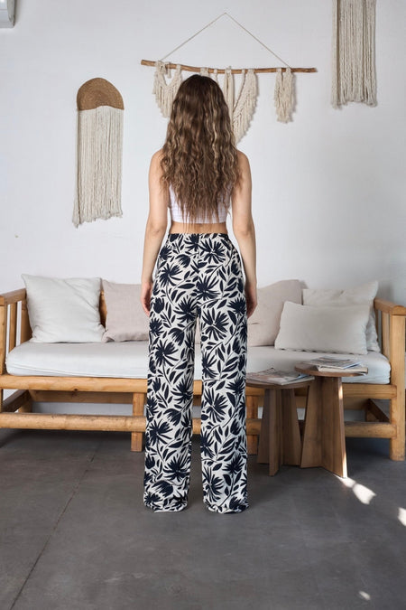 Women's Floral Pattern High Waist Viscose Fabric Pants with Elastic Waistband, Navy Blue - MALLTURK