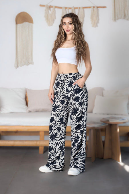Women's Floral Pattern High Waist Viscose Fabric Pants with Elastic Waistband, Navy Blue - MALLTURK