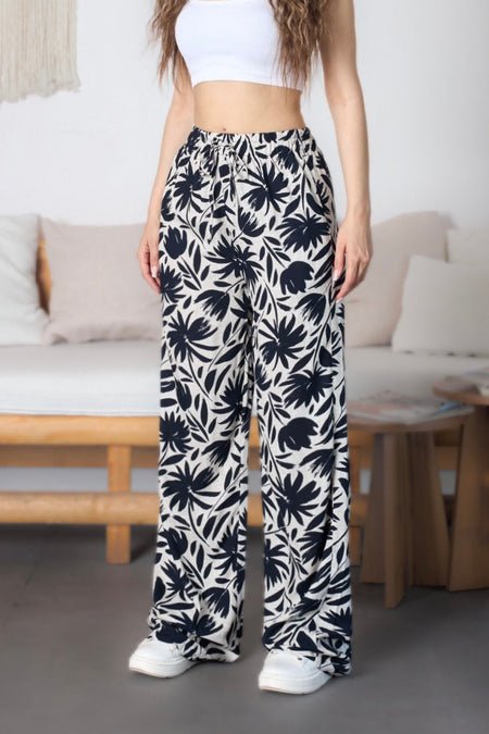 Women's Floral Pattern High Waist Viscose Fabric Pants with Elastic Waistband, Navy Blue - MALLTURK