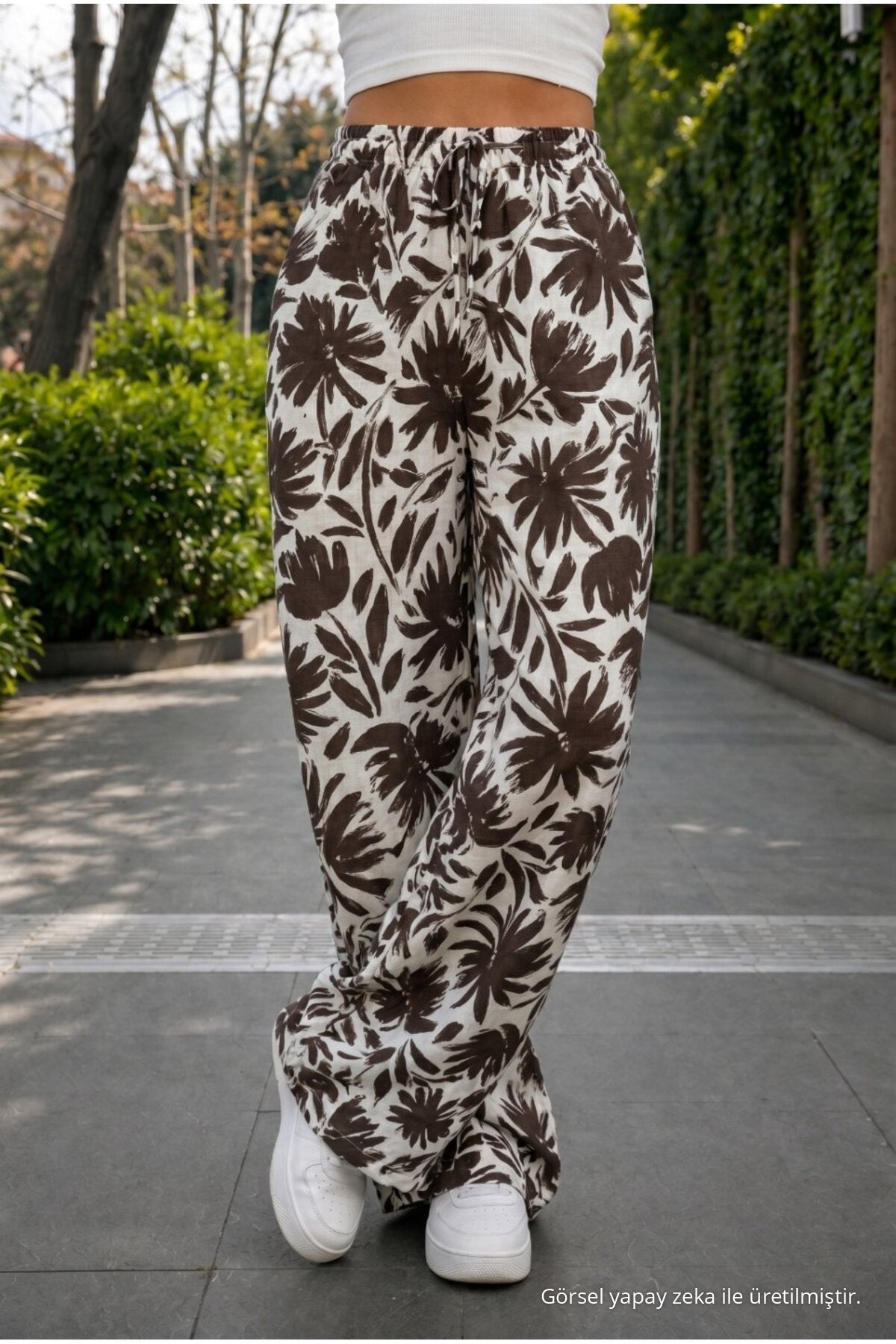 Women's Floral Patterned High-Waisted Summer Fabric Pants with Elastic Waistband, BROWN. - MALLTURK