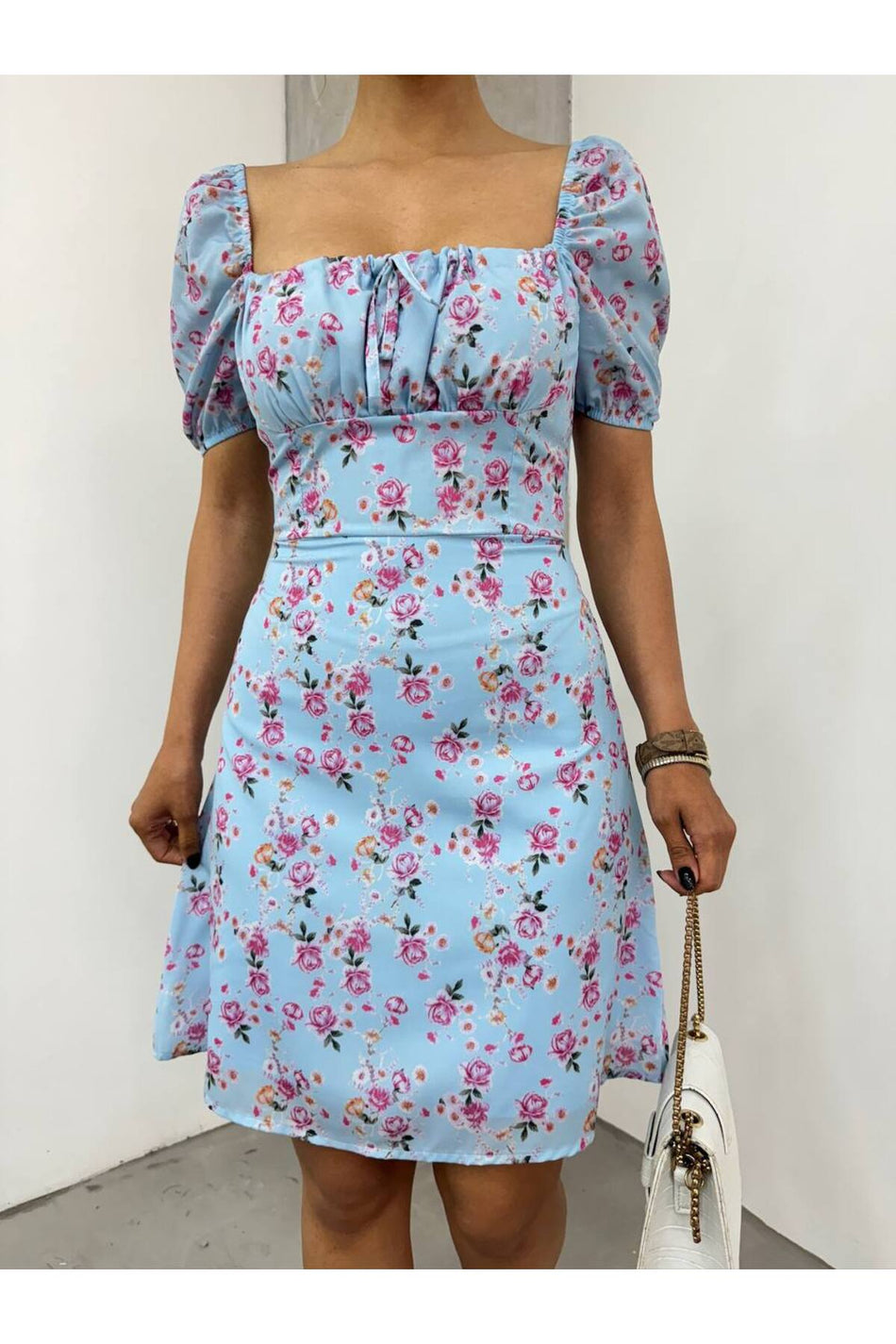 Women's Floral Patterned Square Neck Tie-Up Lined Chiffon Midi Dress, Blue - MALLTURK