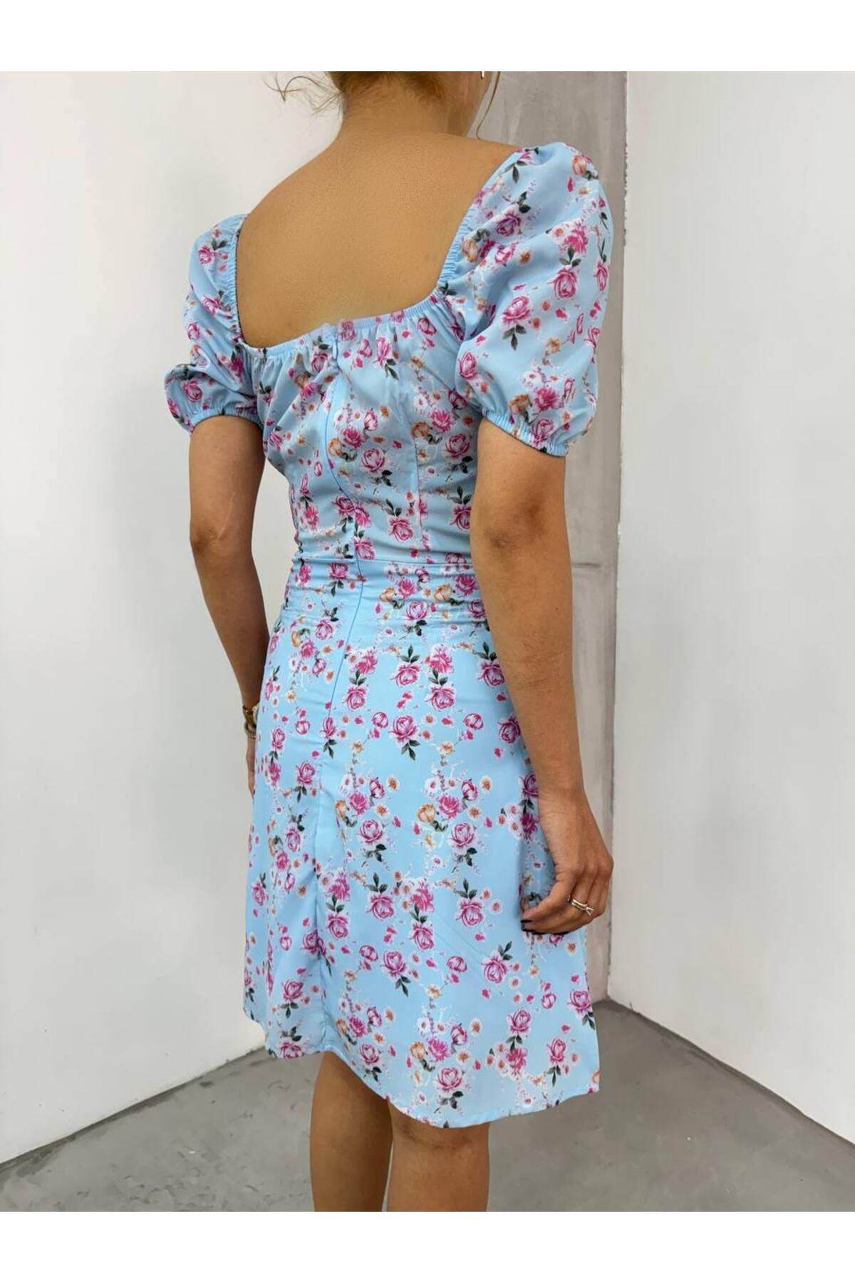 Women's Floral Patterned Square Neck Tie-Up Lined Chiffon Midi Dress, Blue - MALLTURK
