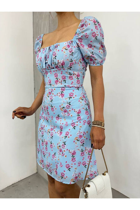 Women's Floral Patterned Square Neck Tie-Up Lined Chiffon Midi Dress, Blue - MALLTURK