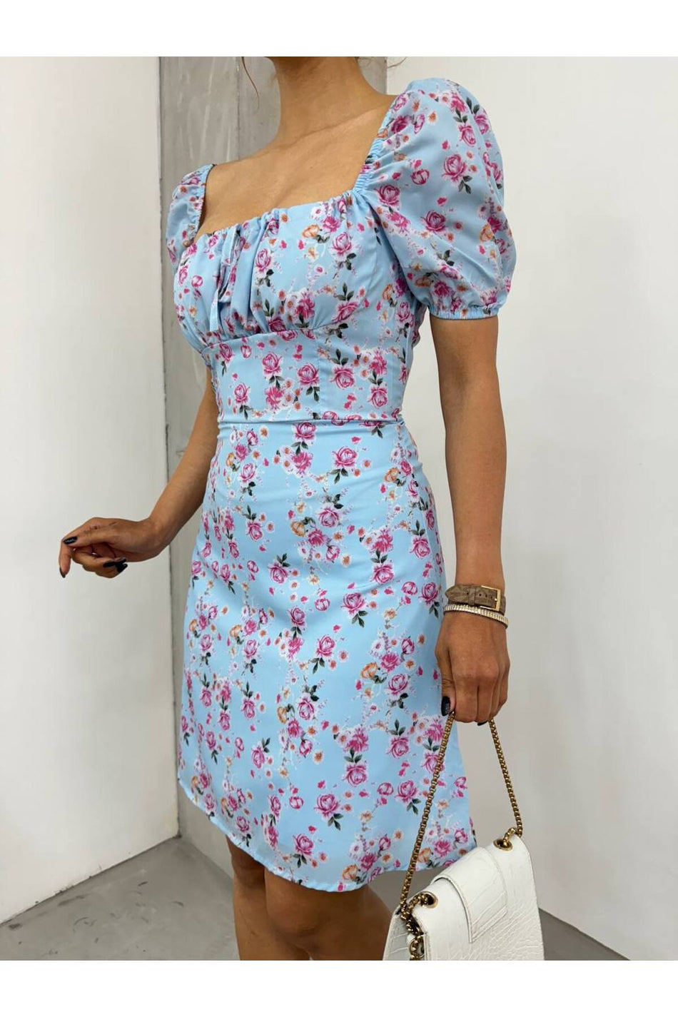 Women's Floral Patterned Square Neck Tie-Up Lined Chiffon Midi Dress, Blue - MALLTURK