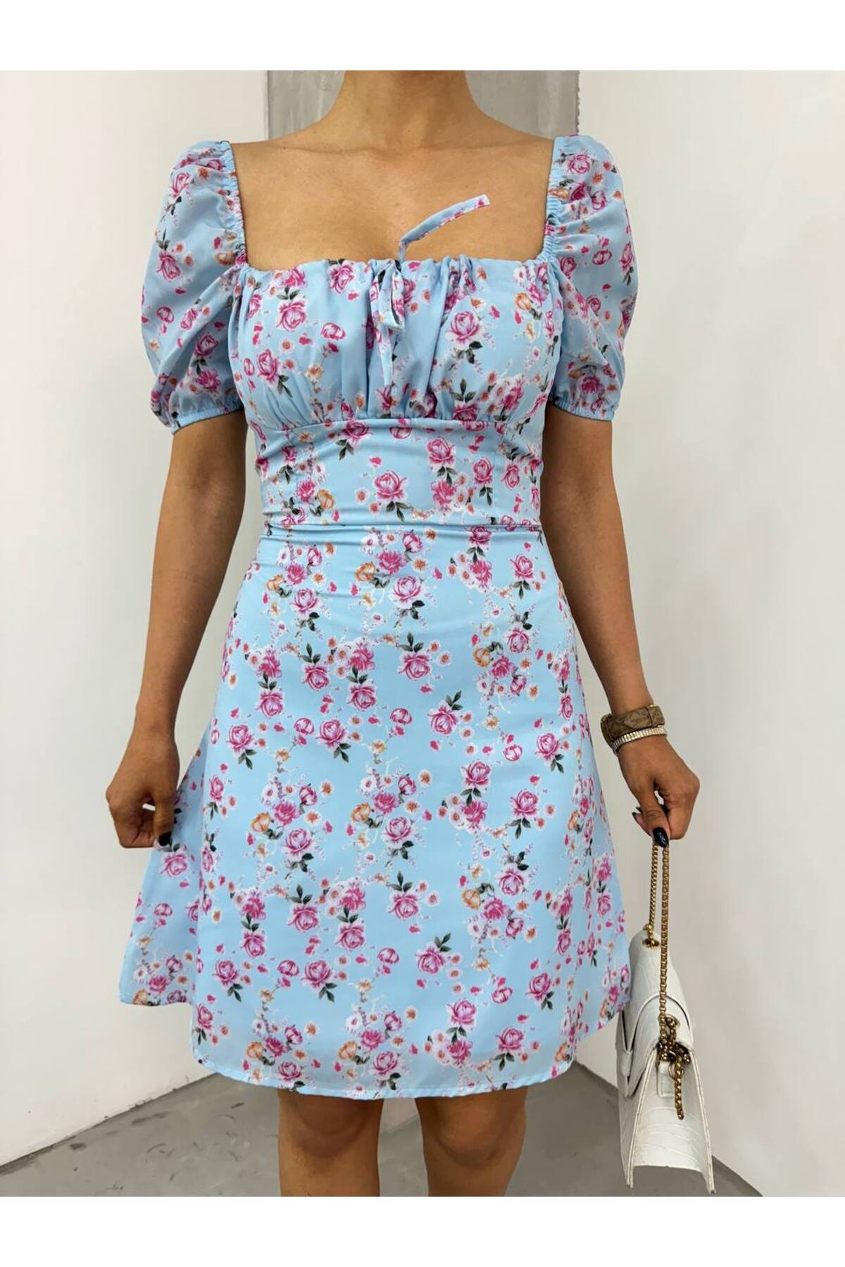 Women's Floral Patterned Square Neck Tie-Up Lined Chiffon Midi Dress, Blue - MALLTURK
