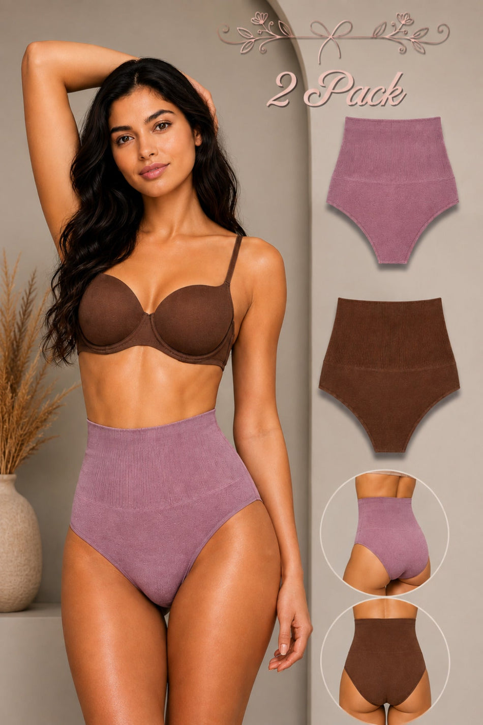 Women's Gathering High Waist Flexible 2-Piece Panties - MALLTURK