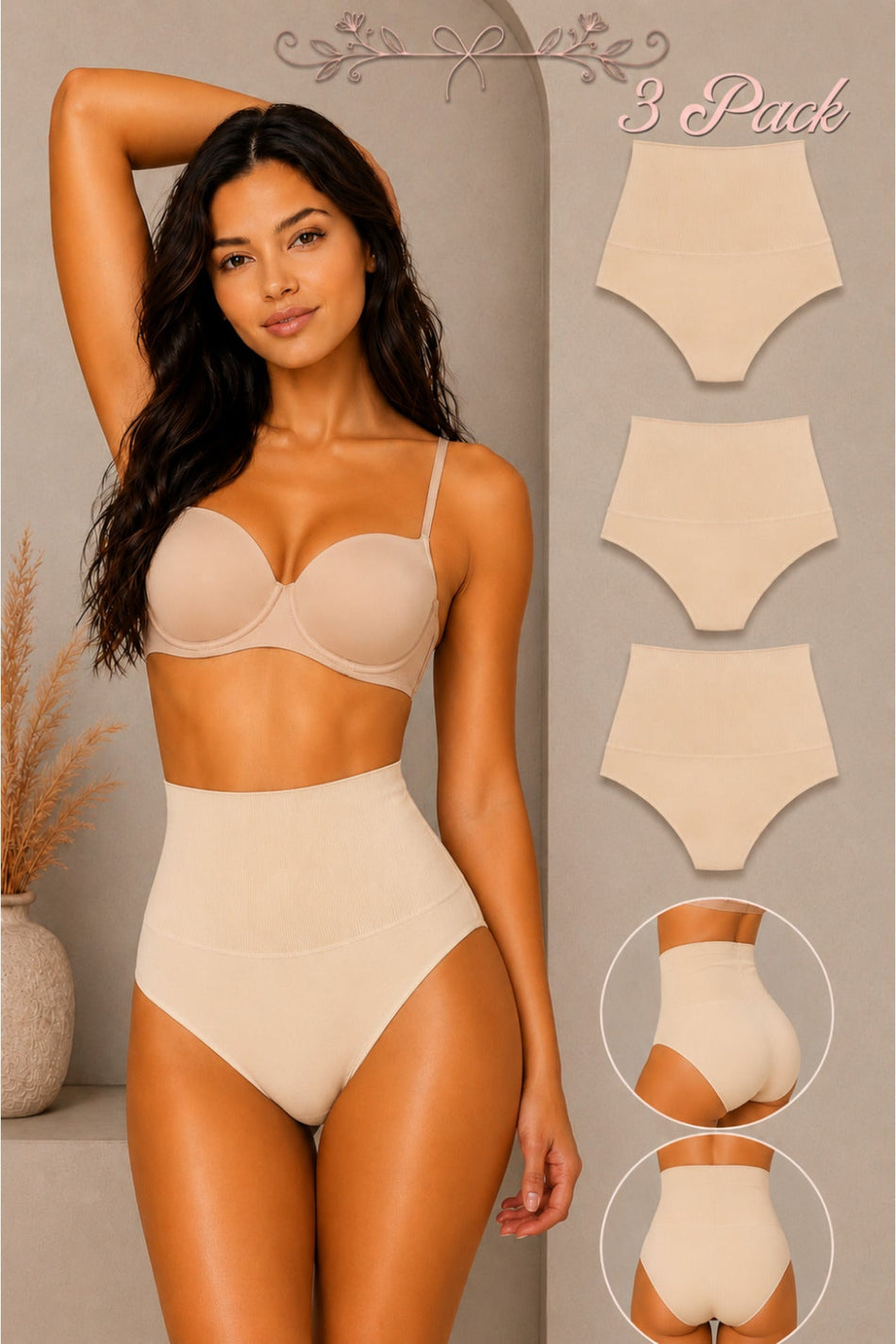 Women's Gathering High Waist Flexible 3-Piece Panties - MALLTURK