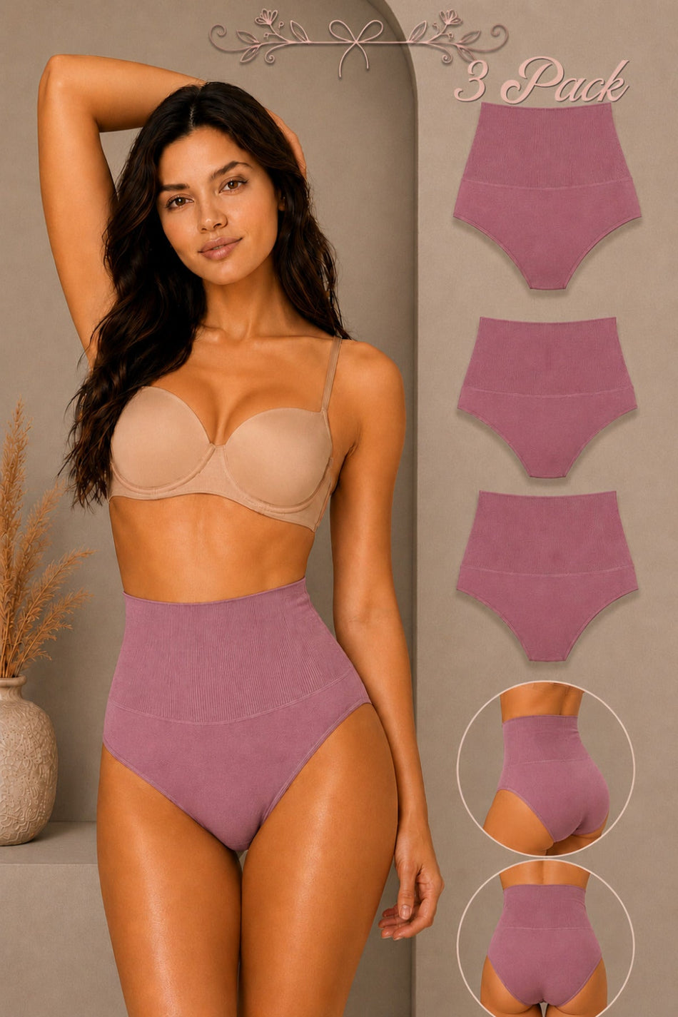 Women's Gathering High Waist Flexible 3-Piece Panties - MALLTURK
