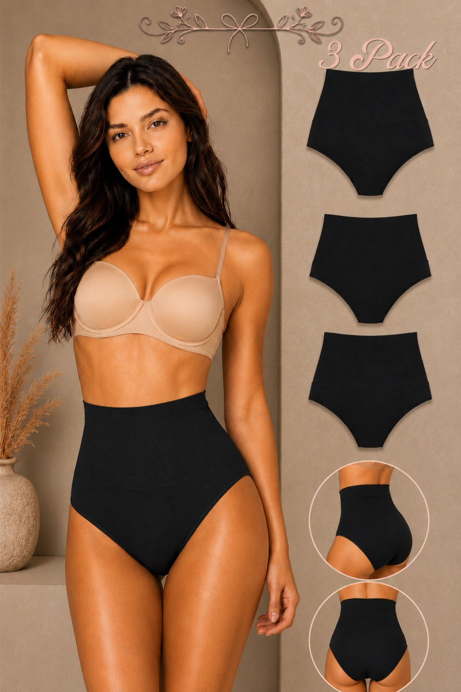 Women's Gathering High Waist Flexible 3-Piece Panties - MALLTURK