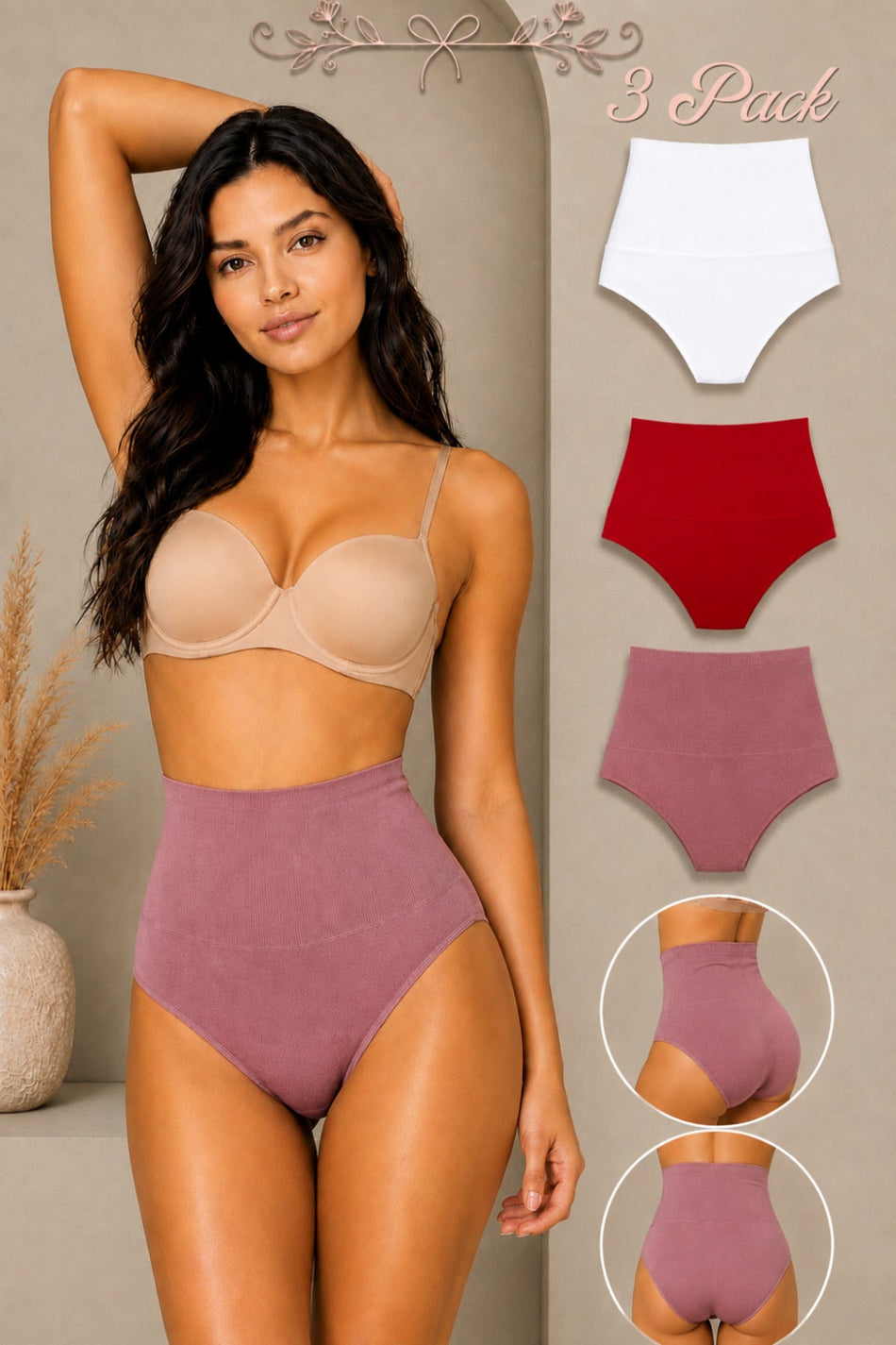Women's Gathering High Waist Flexible 3-Piece Panties - MALLTURK