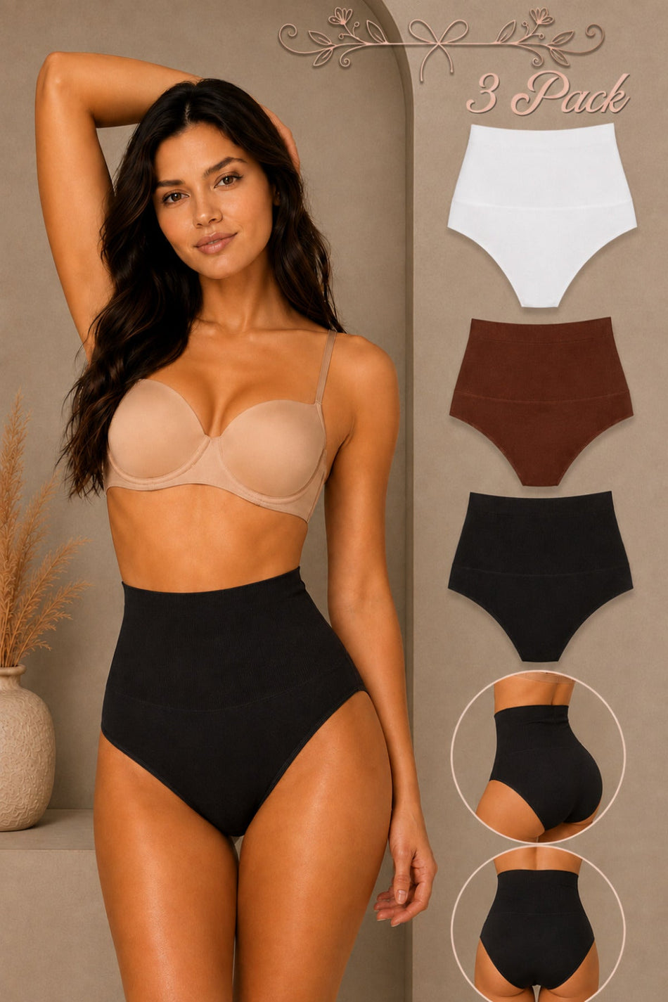 Women's Gathering High Waist Flexible 3-Piece Panties - MALLTURK