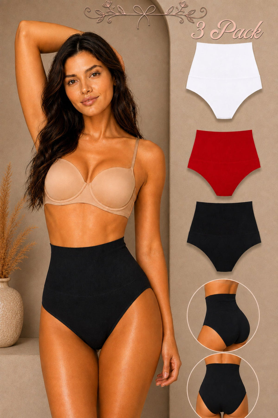 Women's Gathering High Waist Flexible 3-Piece Panties - MALLTURK