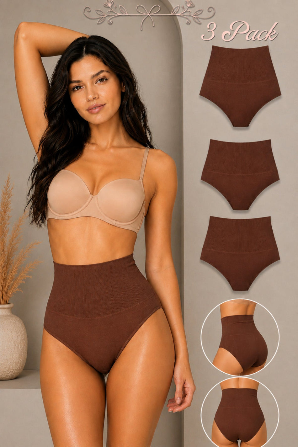 Women's Gathering High Waist Flexible 3-Piece Panties - MALLTURK