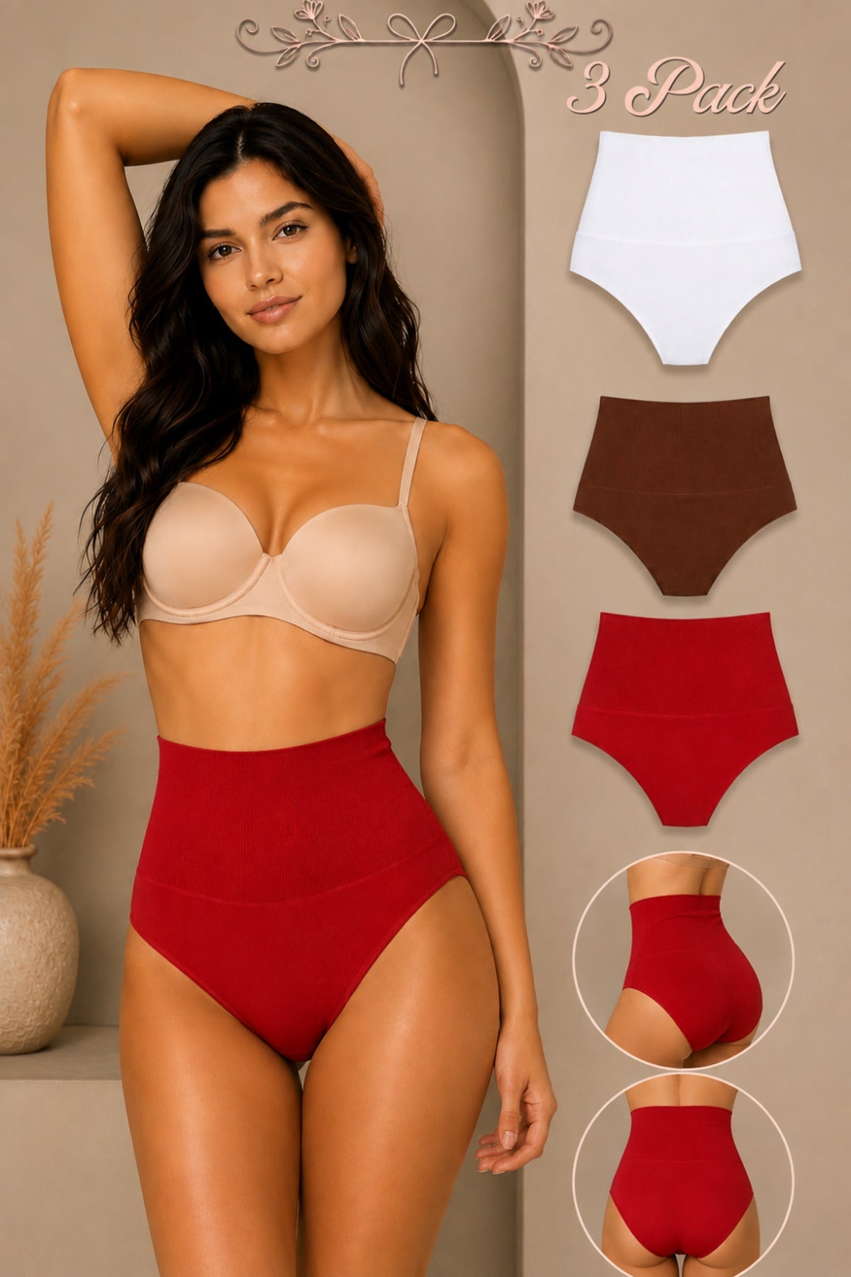 Women's Gathering High Waist Flexible 3-Piece Panties - MALLTURK