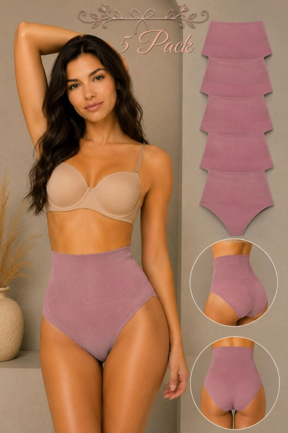 Women's Gathering High Waist Flexible 5-Piece Panties - MALLTURK