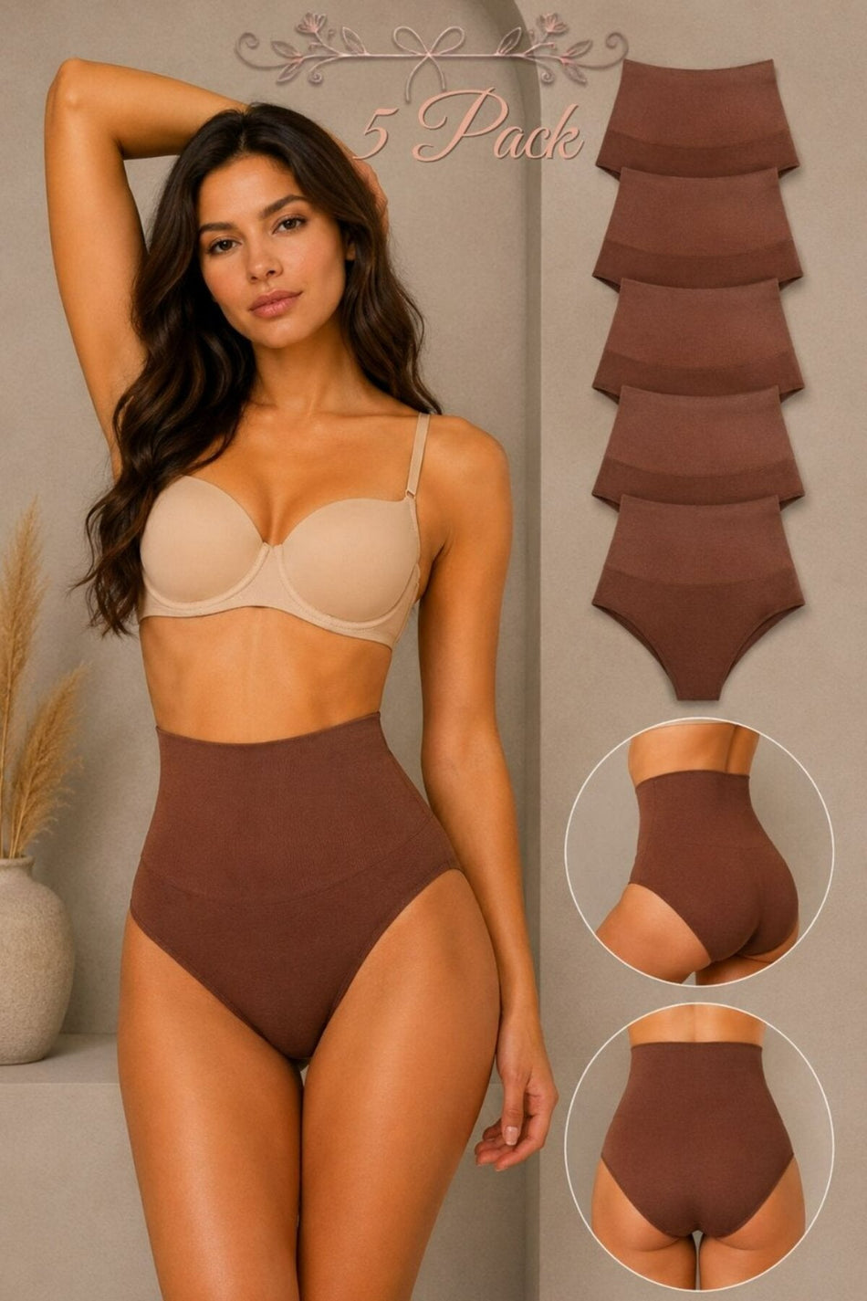 Women's Gathering High Waist Flexible 5-Piece Panties - MALLTURK