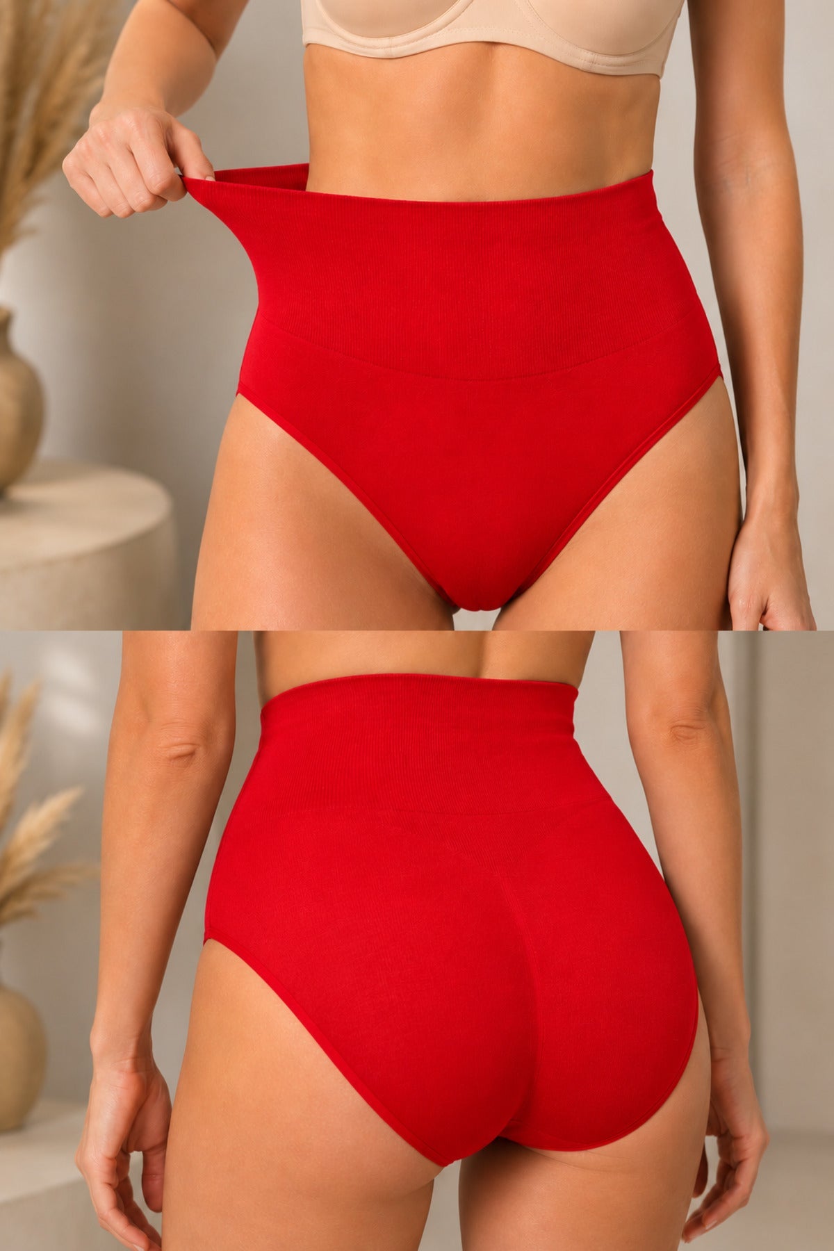 Women's Gathering High Waist Stretchy Red Panties - MALLTURK