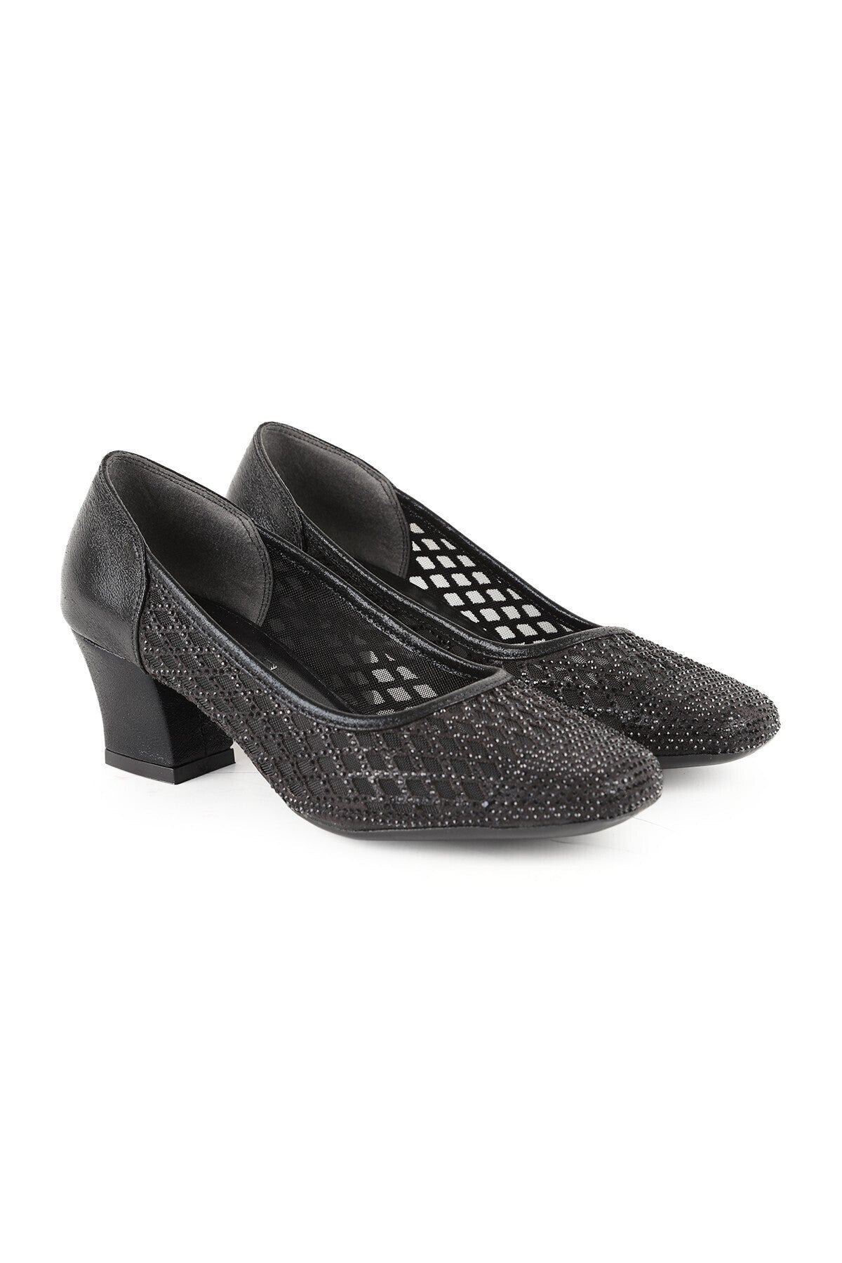 Women's Genuine Leather L085.K502 Stone Detailed Tulle Heeled Shoes - MALLTURK