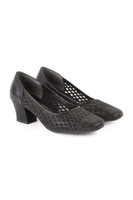 Women's Genuine Leather L085.K502 Stone Detailed Tulle Heeled Shoes - MALLTURK