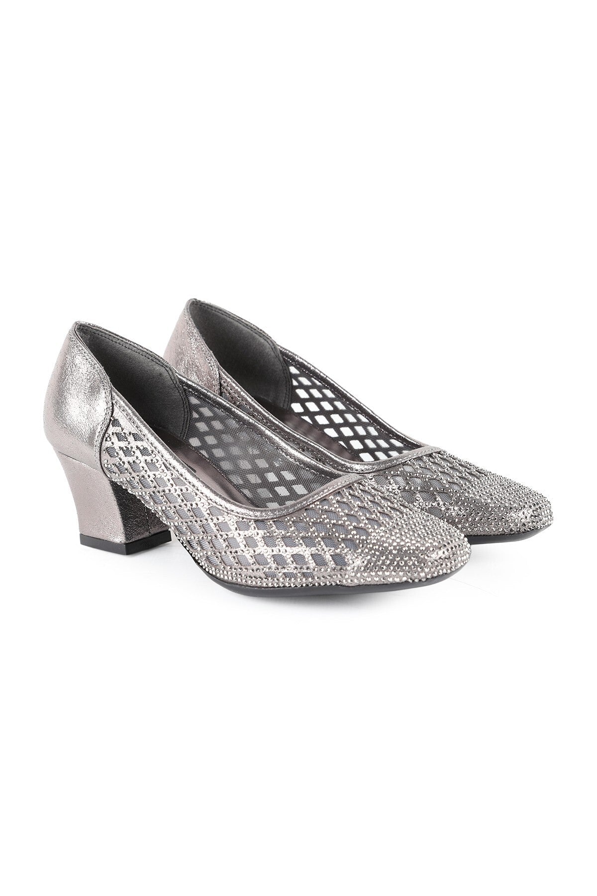 Women's Genuine Leather L085.K502 Stone Detailed Tulle Heeled Shoes - MALLTURK