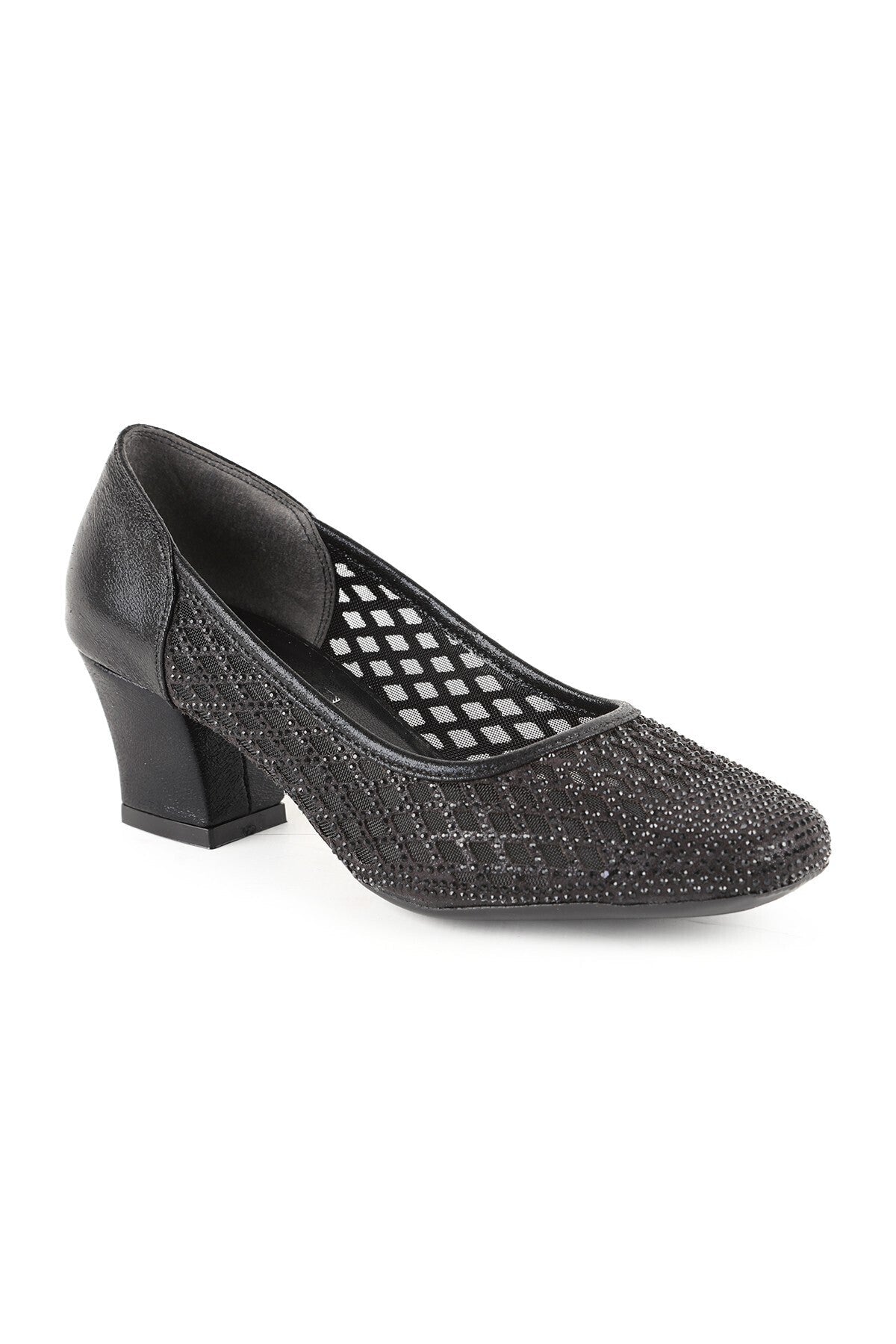 Women's Genuine Leather L085.K502 Stone Detailed Tulle Heeled Shoes - MALLTURK