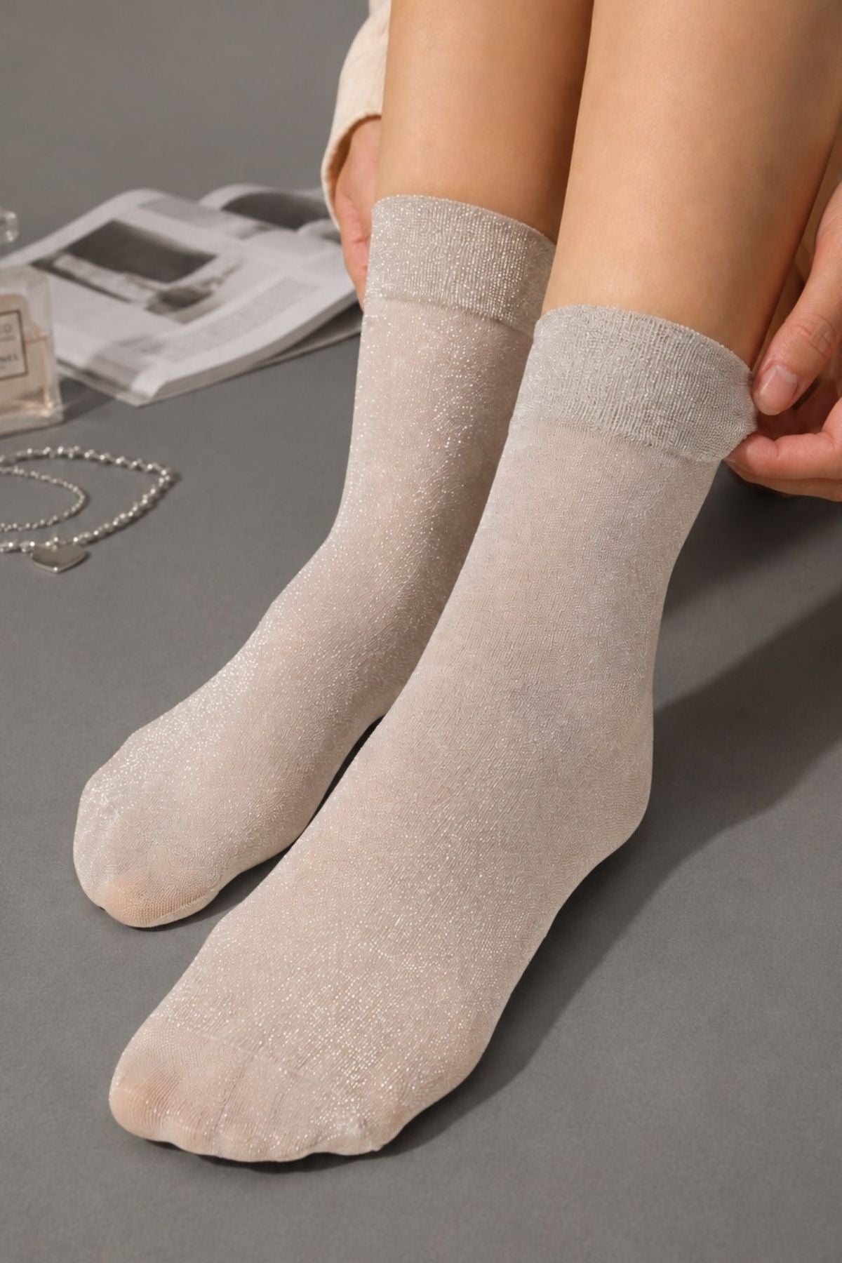 Women's Gray Glittery Shiny Thin Flexible Socks - MALLTURK