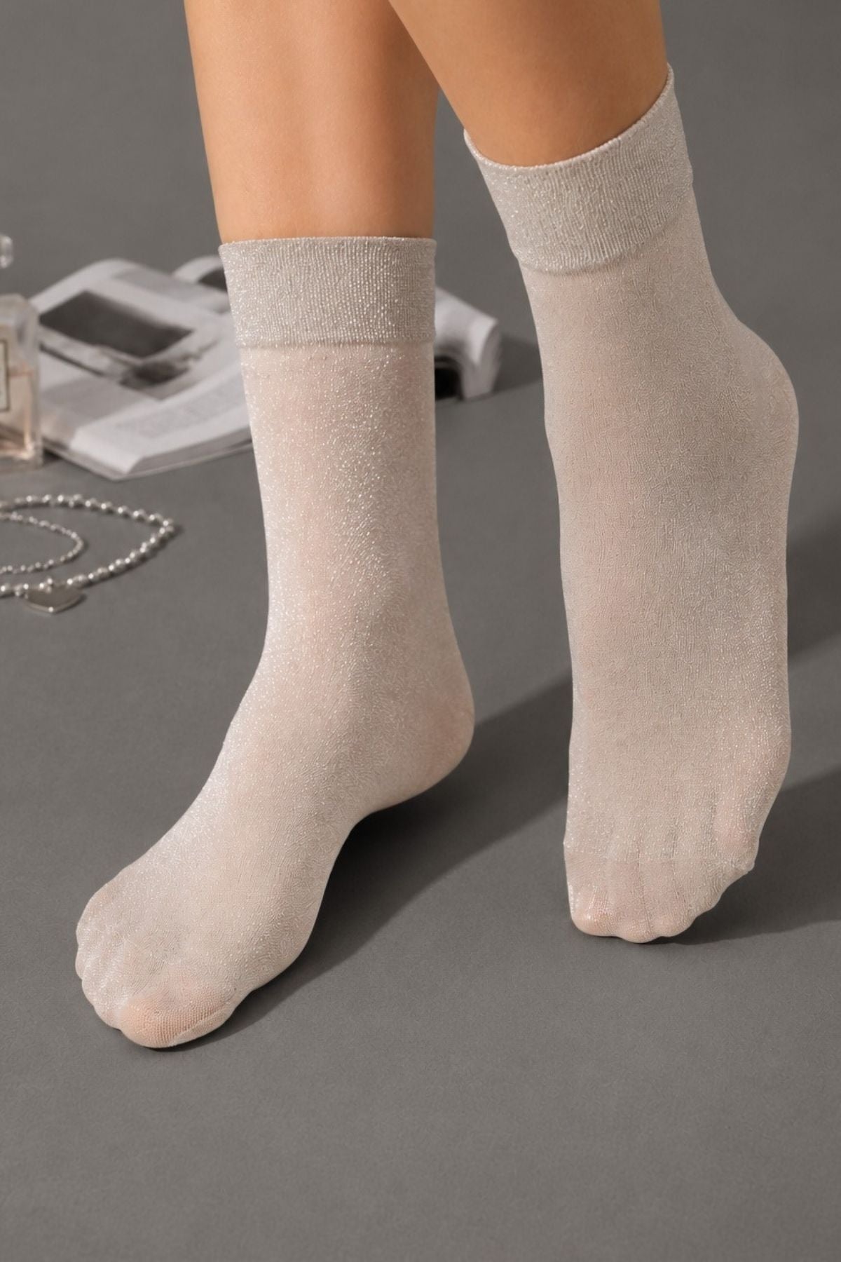 Women's Gray Glittery Shiny Thin Flexible Socks - MALLTURK