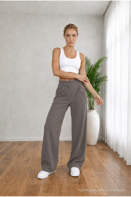 Women's Grey High Waist Loose Fit Lycra Wide Leg Palazzo Pants - MALLTURK