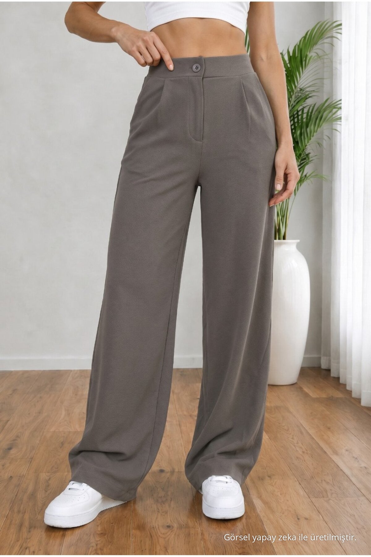 Women's Grey High Waist Loose Fit Lycra Wide Leg Palazzo Pants - MALLTURK