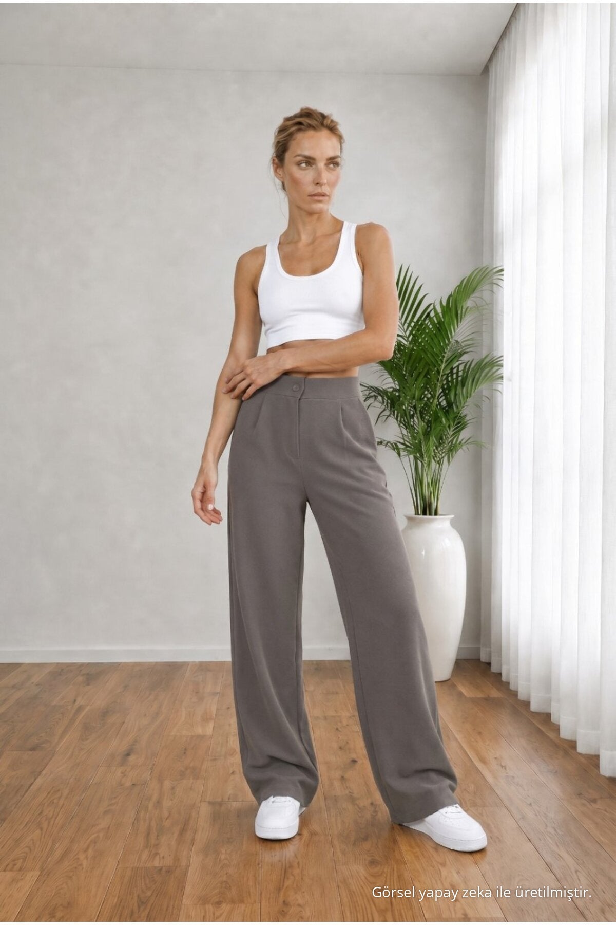 Women's Grey High Waist Loose Fit Lycra Wide Leg Palazzo Pants - MALLTURK
