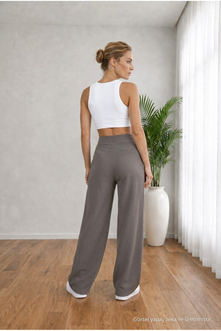 Women's Grey High Waist Loose Fit Lycra Wide Leg Palazzo Pants - MALLTURK