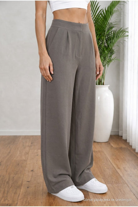 Women's Grey High Waist Loose Fit Lycra Wide Leg Palazzo Pants - MALLTURK