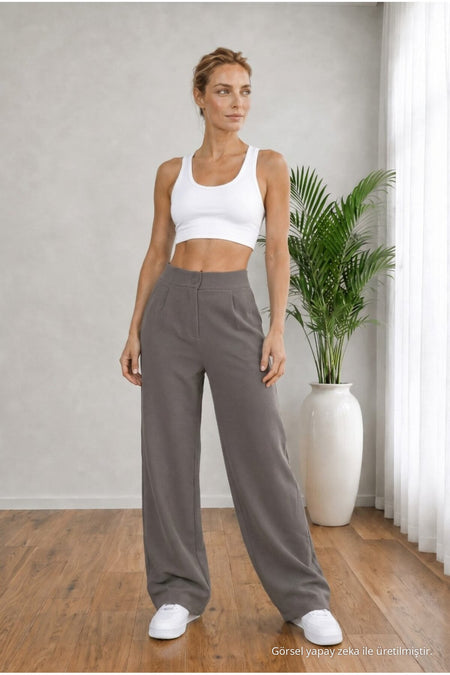 Women's Grey High Waist Loose Fit Lycra Wide Leg Palazzo Pants - MALLTURK