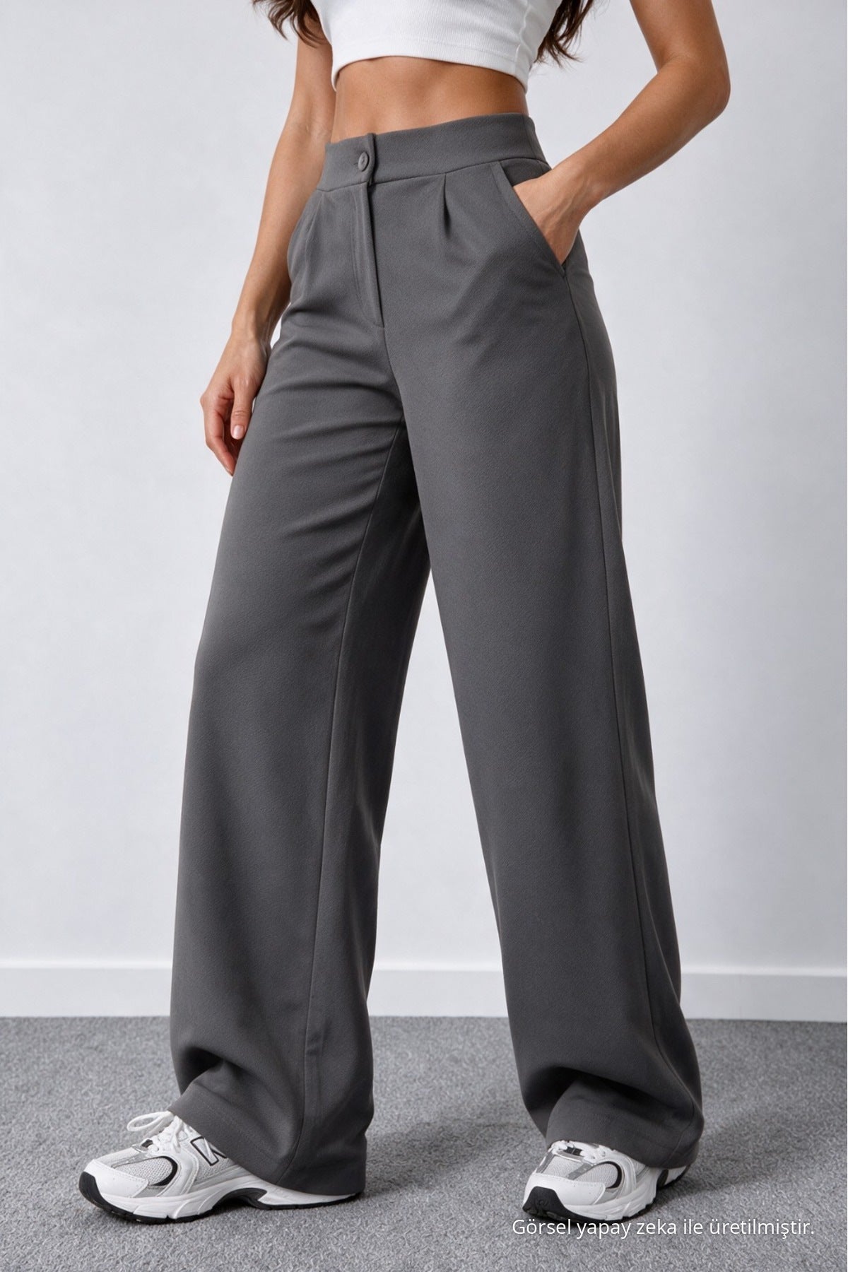 Women's Grey Lycra Palazzo Loose Wide Leg Trousers - MALLTURK