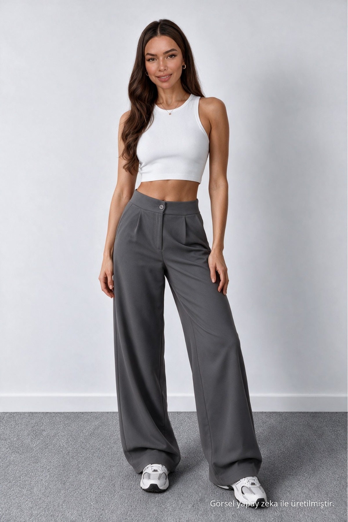 Women's Grey Lycra Palazzo Loose Wide Leg Trousers - MALLTURK
