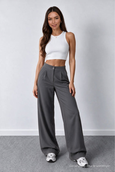 Women's Grey Lycra Palazzo Loose Wide Leg Trousers - MALLTURK