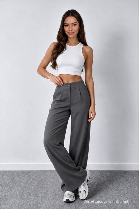 Women's Grey Lycra Palazzo Loose Wide Leg Trousers - MALLTURK