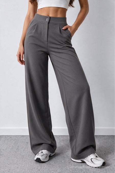 Women's Grey Lycra Palazzo Loose Wide Leg Trousers - MALLTURK