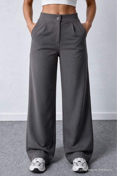 Women's Grey Lycra Palazzo Loose Wide Leg Trousers - MALLTURK