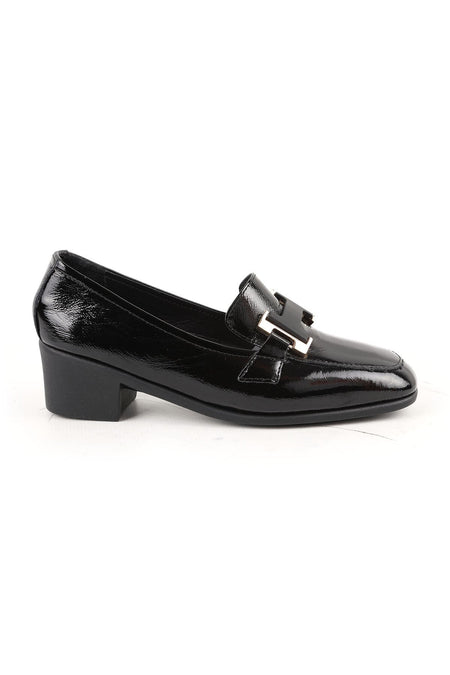 Women's Heeled Loafer Black Genuine Patent Leather Blunt Toe Metal Buckle Short Thick Block Heel Rubber Sole L0 - MALLTURK