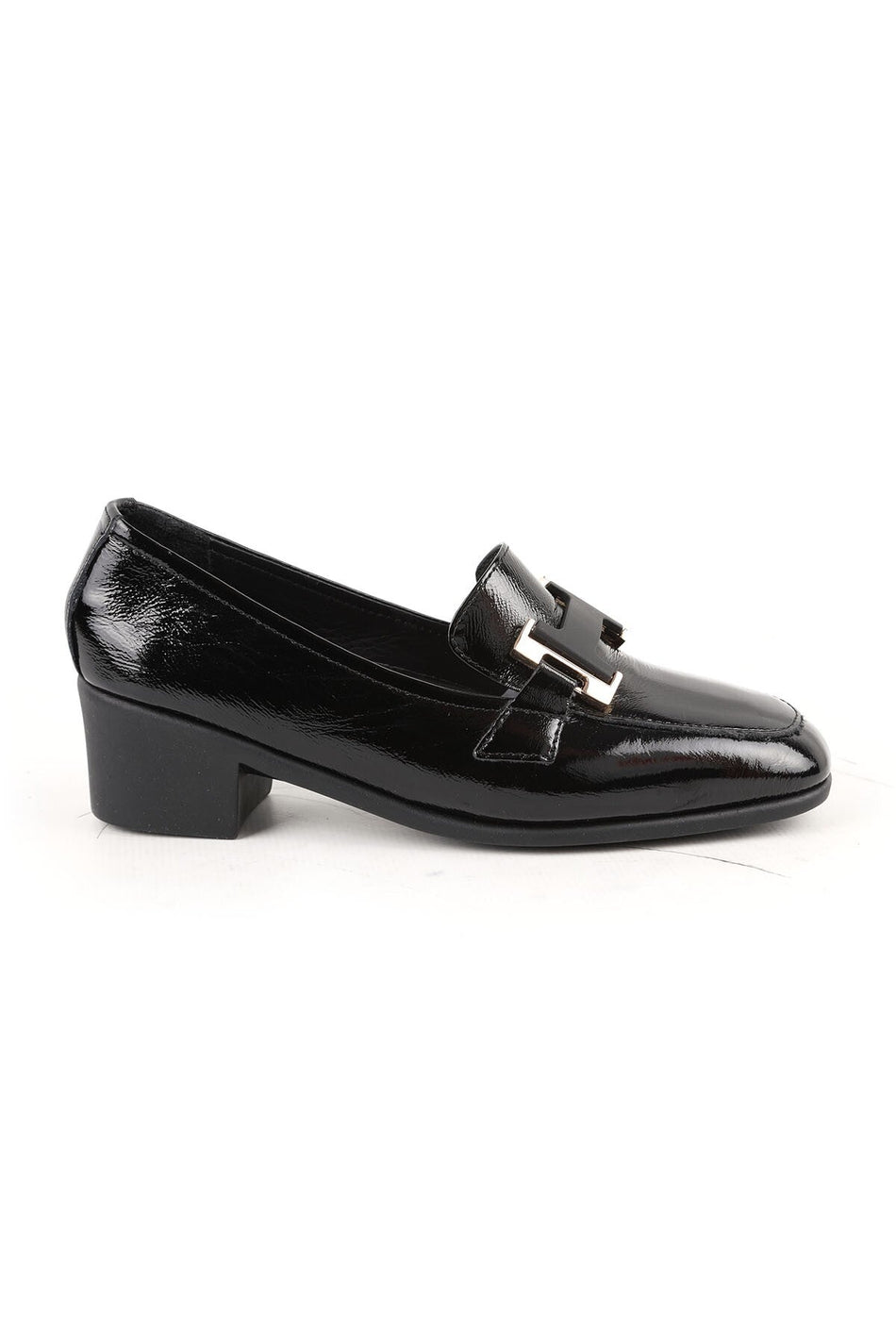 Women's Heeled Loafer Black Genuine Patent Leather Blunt Toe Metal Buckle Short Thick Block Heel Rubber Sole L0 - MALLTURK