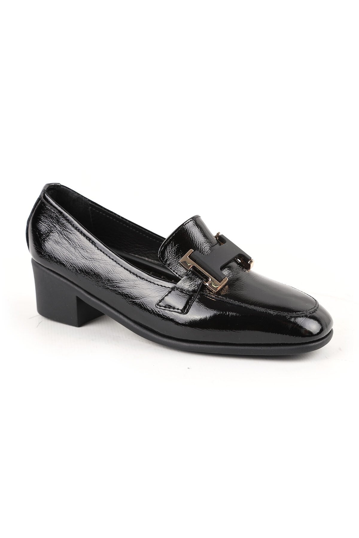 Women's Heeled Loafer Black Genuine Patent Leather Blunt Toe Metal Buckle Short Thick Block Heel Rubber Sole L0 - MALLTURK