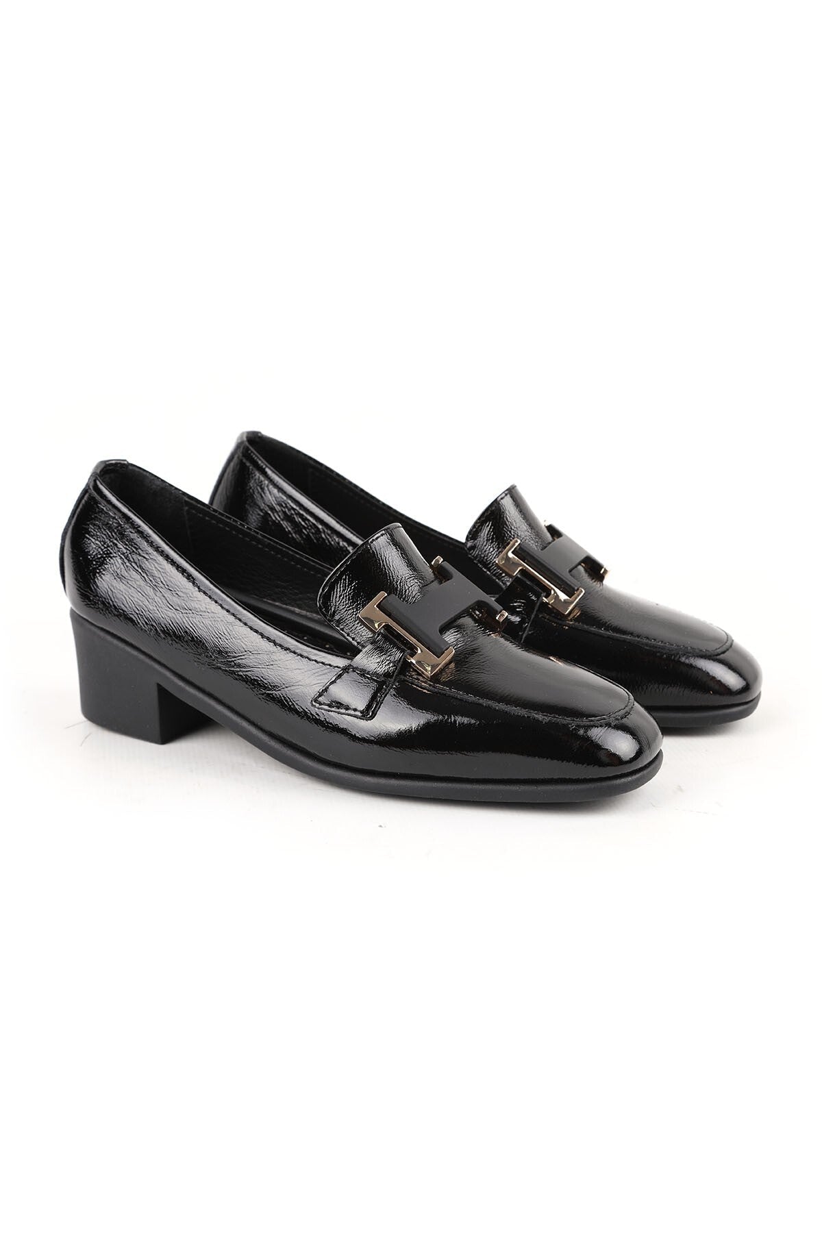 Women's Heeled Loafer Black Genuine Patent Leather Blunt Toe Metal Buckle Short Thick Block Heel Rubber Sole L0 - MALLTURK