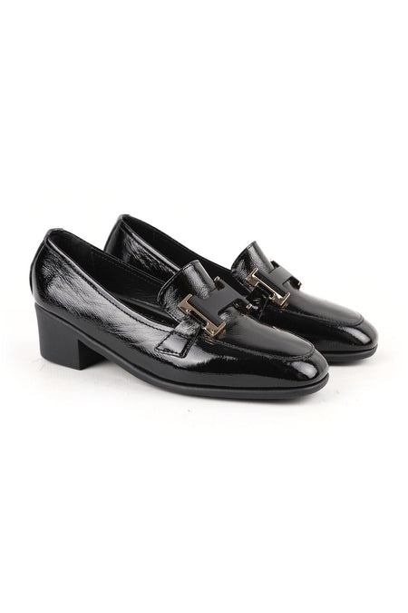 Women's Heeled Loafer Black Genuine Patent Leather Blunt Toe Metal Buckle Short Thick Block Heel Rubber Sole L0 - MALLTURK