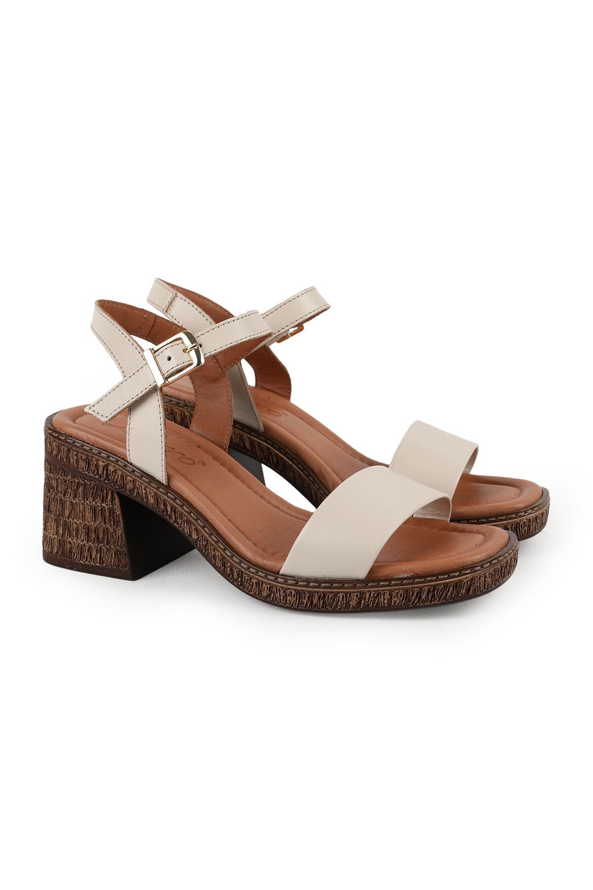 Women's Heeled Sandals Genuine Leather Single Strap Straw Sole Daily Comfortable Sandals L024.260505 - MALLTURK