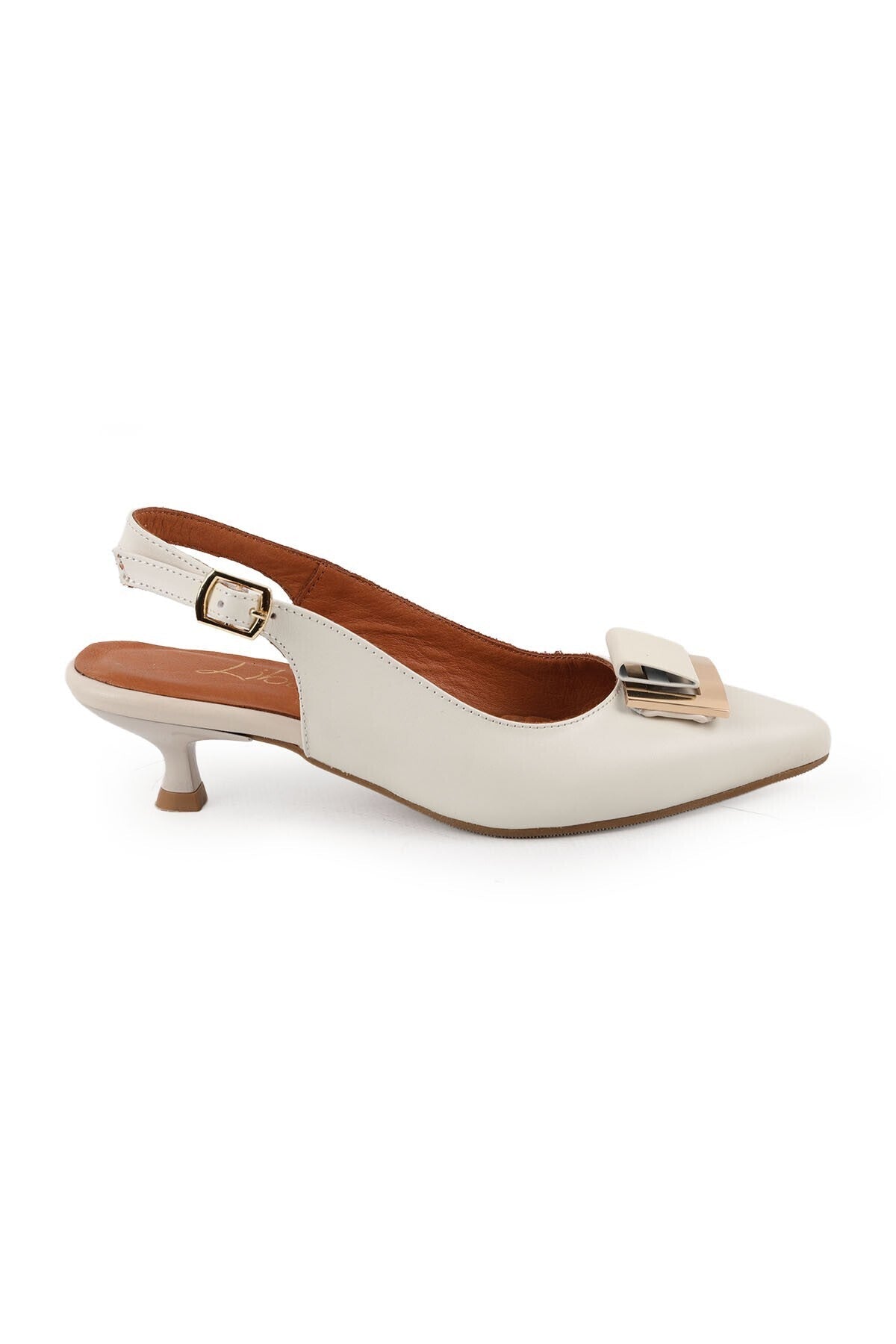 Women's Heeled Shoes Bone Genuine Leather Open Back Gold Metal Buckle Short Kitten Heel L031.261048 - MALLTURK